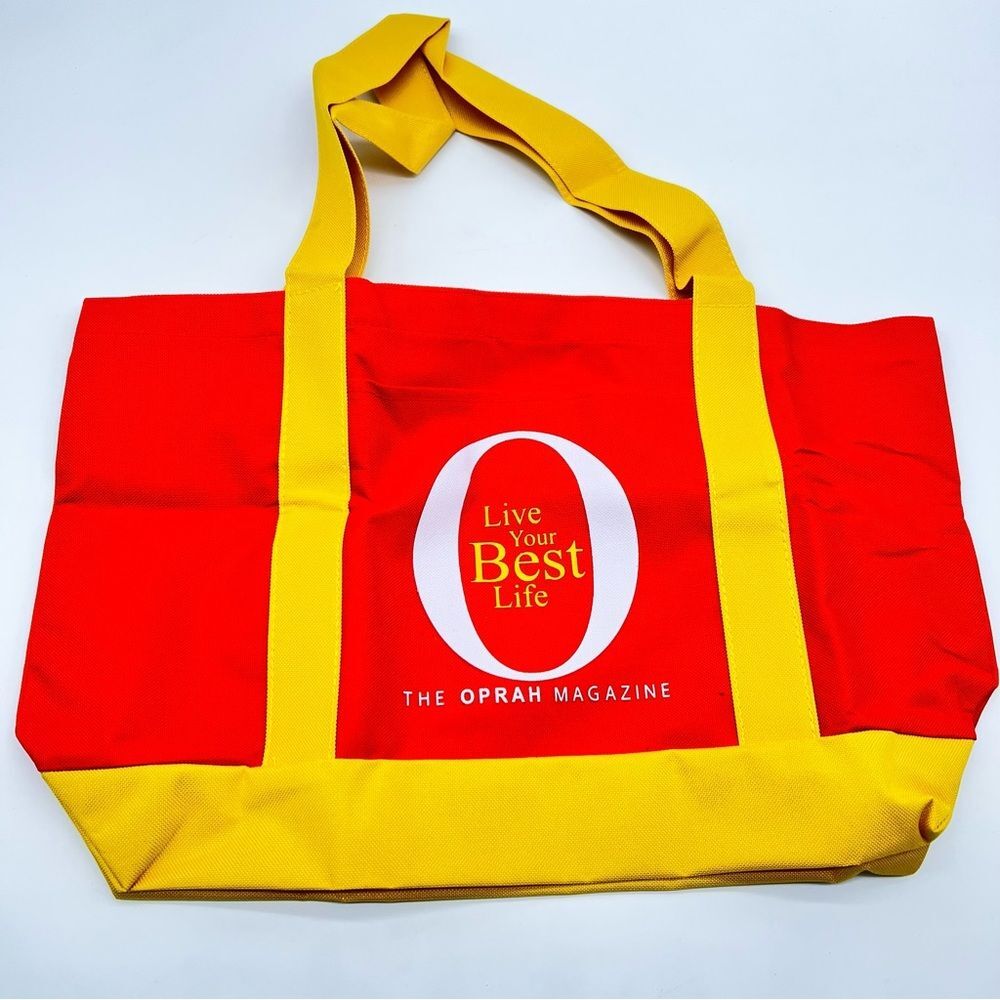 Oprah Magazine Large Tote Bag in Bright Orange with Yellow Straps and Bottom